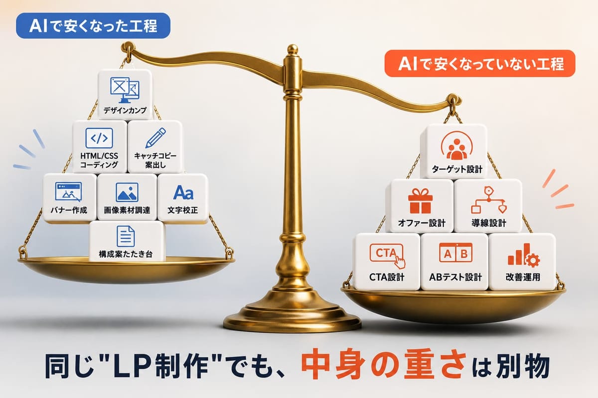 天秤の左に「AIで安くなった工程」（デザインカンプ・コーディング・コピー案出し・バナー作成など）、右に「AIで安くなっていない工程」（ターゲット設計・オファー設計・導線設計・CTA設計・ABテスト設計・改善運用）